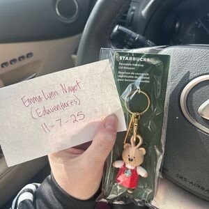 Starbucks Bear Keychain with Red Apron and Gold Accents